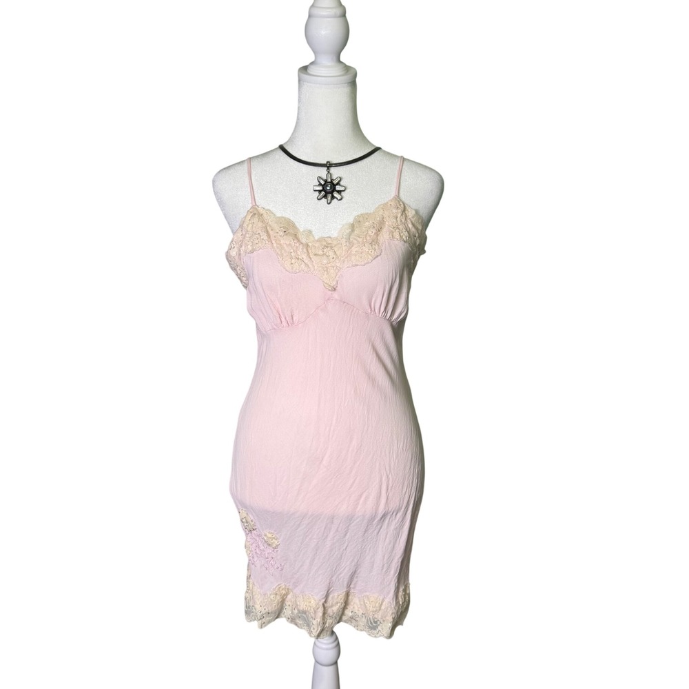 Y2K Rue 21 Pink Semi Sheer Lace Trim Slip Dress Women's Size Medium Fairycore